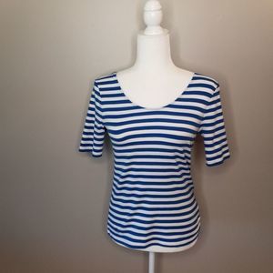 Lauren Ralph Lauren Blue & White Striped Short Sleeved Top with Scoop Neck Front